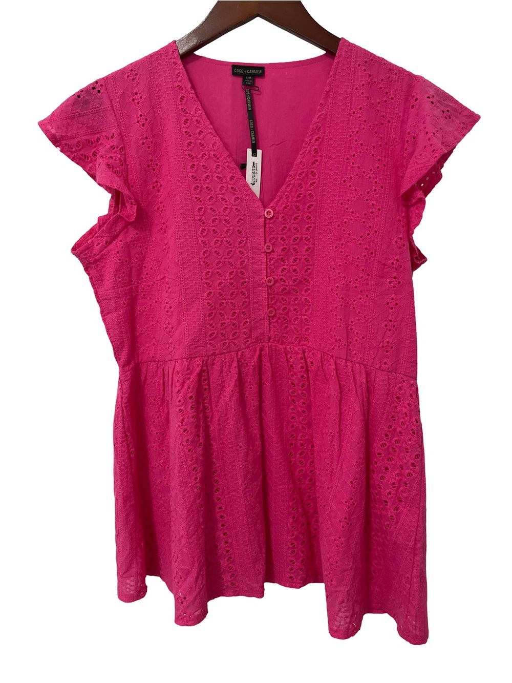 Coco + Carmen Women’s S/M Pink Eyelet Embroidered Button Front Top NWT